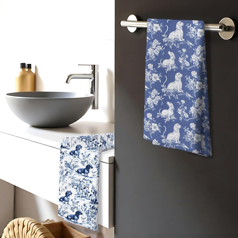 Nipil Chinoiserie Dachshund Kitchen Towels Set of 2, Blue and White Floral Botanical Dachshund Decorative Dish Tea Towels, Grandmillennial Weiner Dog Hand Towels for Kitchen Bathroom, 16x24 Inch - Image 4